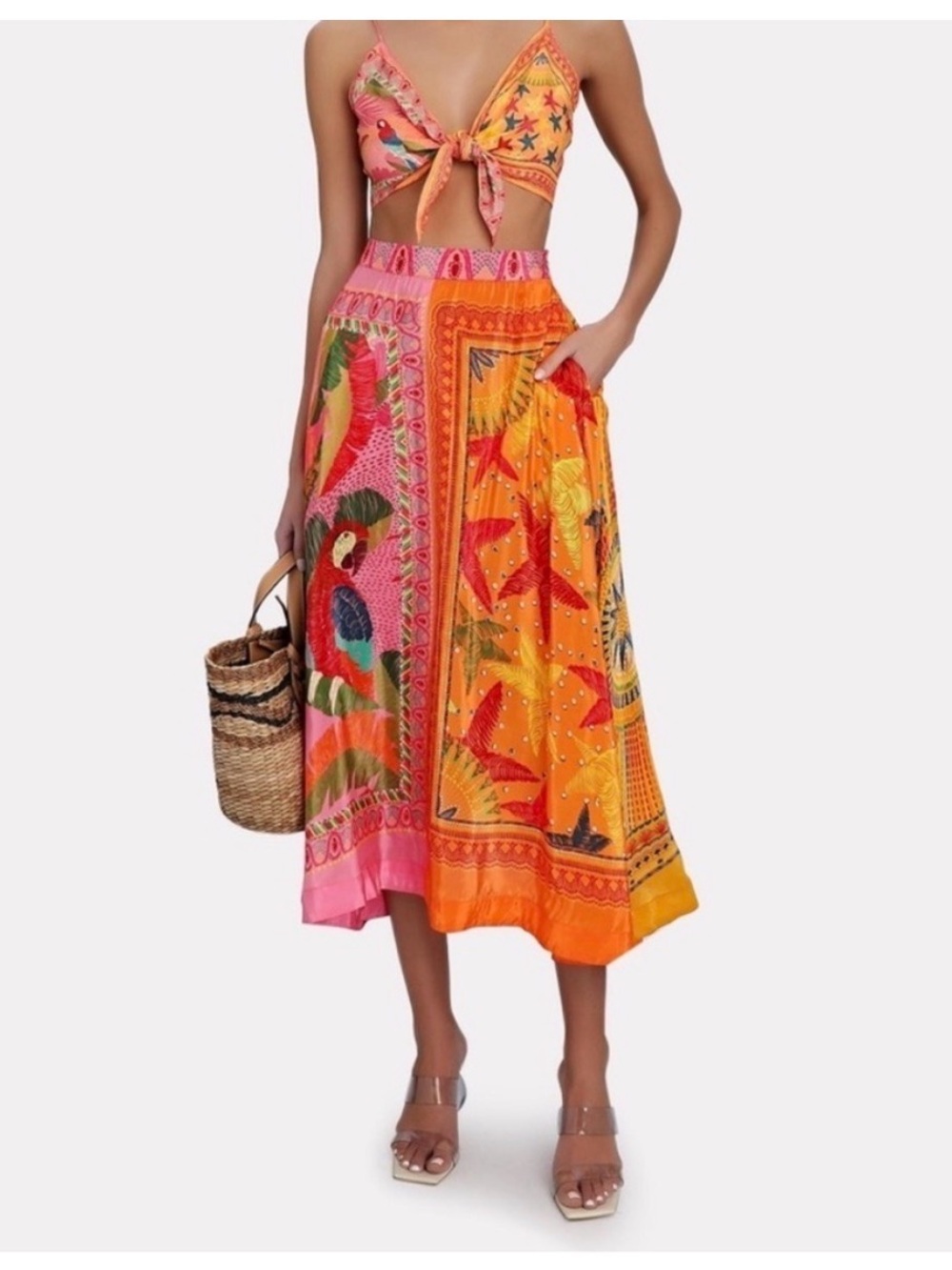 Farm Rio Vibrant Orange & Pink Printed Midi Skirt
